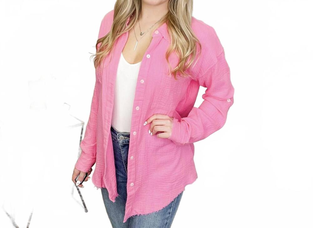 NEW HEM & THREAD liking myself cotton long sleeve button up shirt in pink
